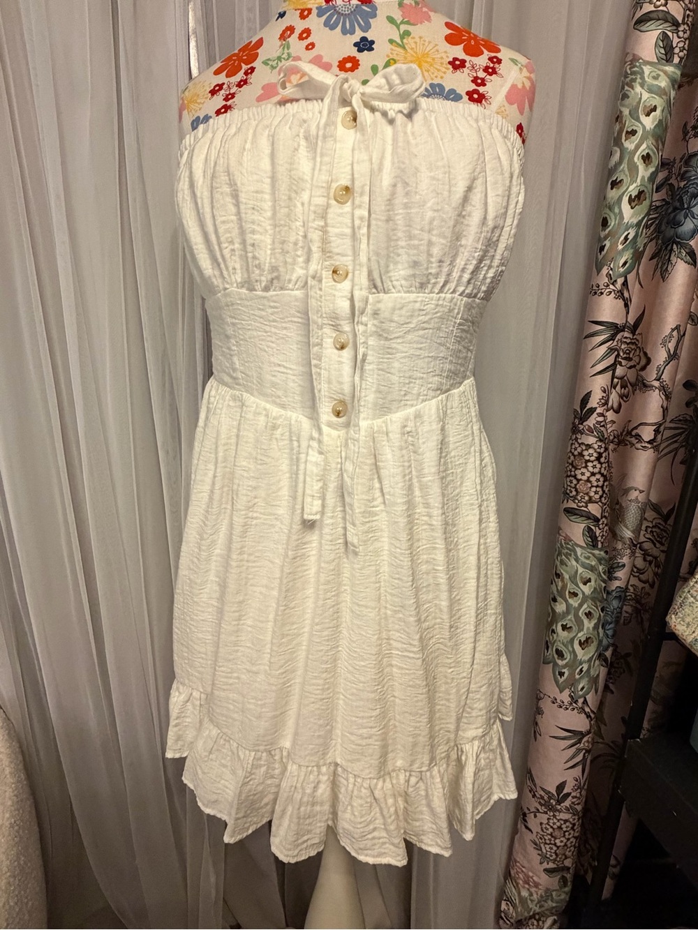 White Strapless Mini Dress with Button Front